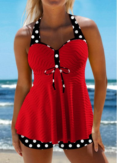 Modlily Jacquard Polka Dot Red Tankini Set - M