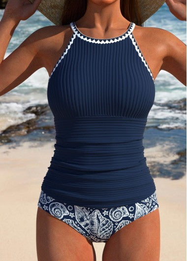 Modlily Contrast Binding Marine Life Print Navy Tankini Set - S