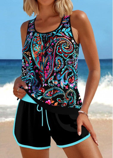 Modlily Contrast Binding Paisley Print Black Tankini Set - M