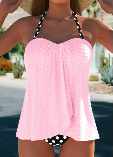 Modlily Cross Hem Polka Dot Light Pink Tankini Set - XL