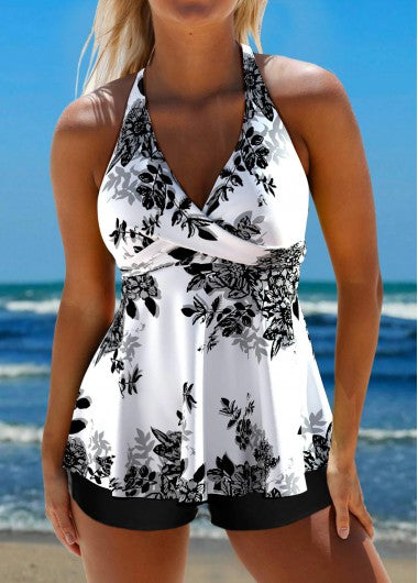 Modlily Criss Cross Floral Print White Tankini Set - XXL