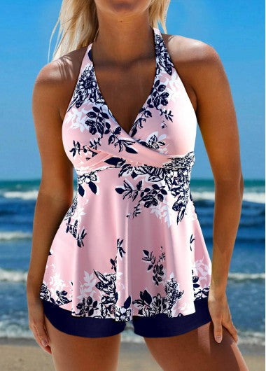 Modlily Criss Cross Floral Print Pink Tankini Top - XXL