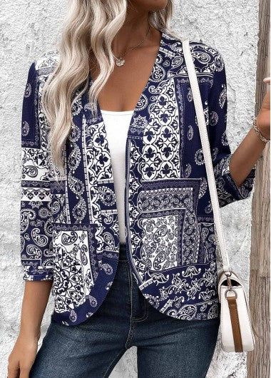 Modlily Navy Tribal Print 3-4 Sleeve Light Cardigan - XXL