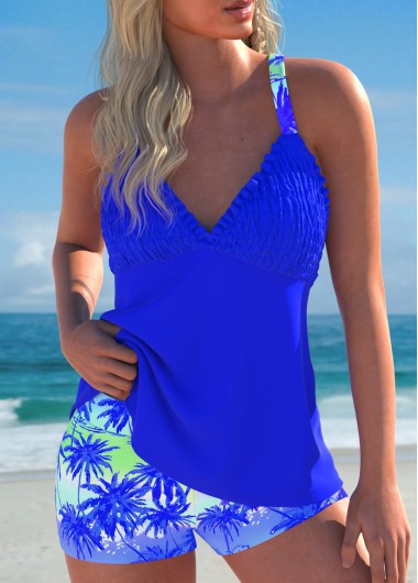 Modlily Smocked Tropical Plants Print Royal Blue Tankini Set - L
