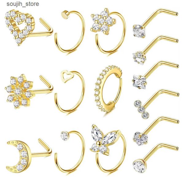 Body Arts Florideco Nose Studs Rings for Women Surgical Steel Nose Ring Hoops 20G Heart CZ Flower L Shaped Nose Piercing Jewellery L240910