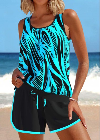 Modlily Tummy Coverage Mid Waisted Geometric Print Cyan Tankini Set - XXL