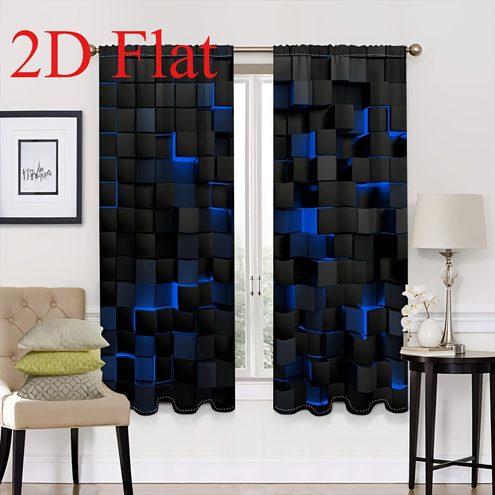 TEMU 2d Flat Printing 2pcs Vintage-style Blue Geometric Pattern Curtains, For Living Room And Bedroom. Machine Washable, Suitable For Decoration