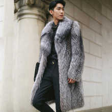 Mens natural fox fur coat real silver fox fur coat big collar best-selling mens long fur coat W241017