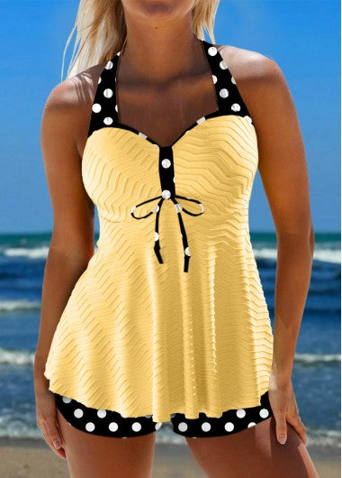 Modlily Jacquard Polka Dot Light Yellow Tankini Set - XXL