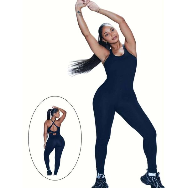 Women&#039;s Yoga Jumpsuit Sports Ribbed Short Sleeved Square Neck Sports Jumpsuit 2024