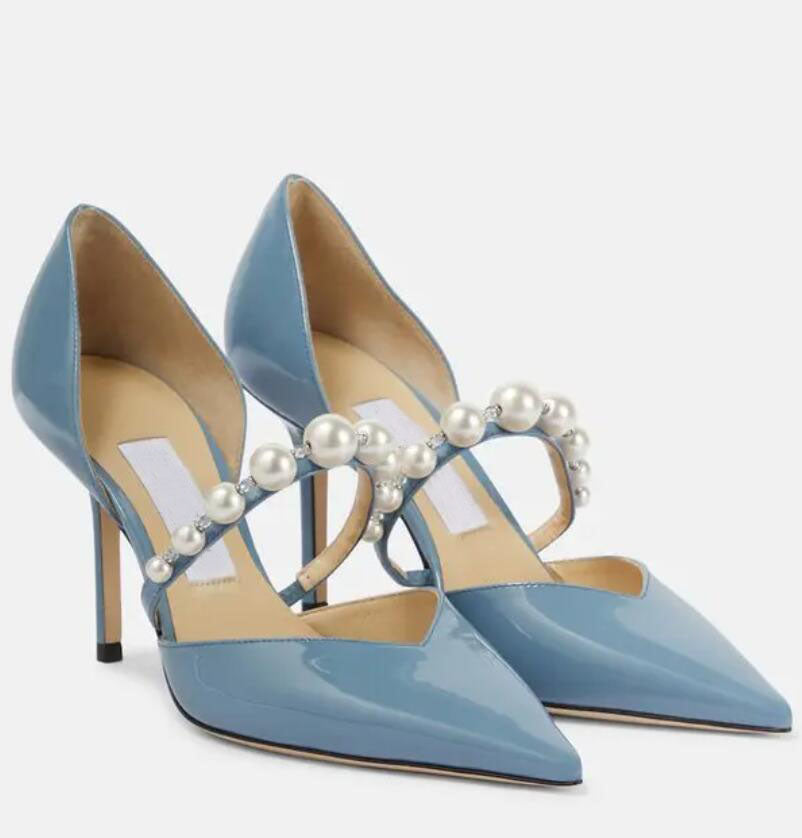 Dress Women Sandals Pumps London AURELIE Italy Trendy Pointed Toe Pearl Ankle Strap Silver Patent Leather Designer Evening Dress Sandal High Heels p