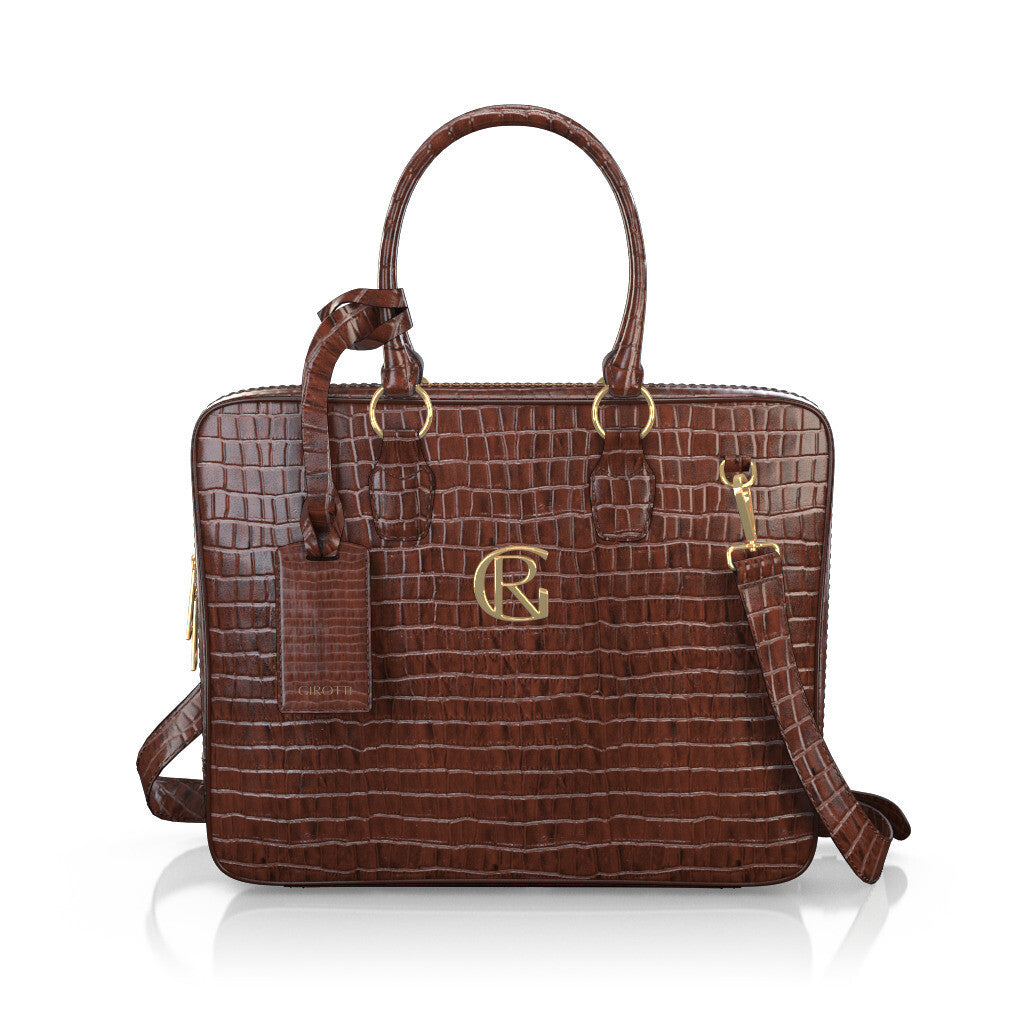 Sac pour ordinateur portable Femme Faites main en Italie en Cuir estampé Cognac Marron - Sur Mesure - GIROTTI