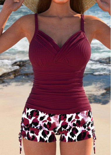 Modlily Ruched Leopard Wine Red Tankini Set - L