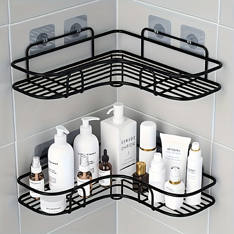 TEMU 2pcs Wall-mounted Corner Shelves - Space-saving Bathroom Storage With No-drill Installation, Durable Alloy Material & Black Finish For Shampoo,