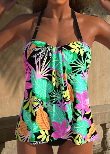 Modlily Cross Hem Floral Print Black Tankini Set - XL