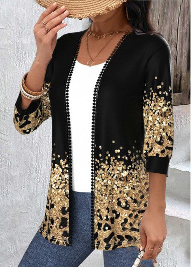 Modlily Black Patchwork Leopard 3-4 Sleeve Round Neck Light Cardigan - S