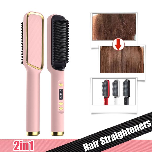 Hair Straightening Brush Fast Heating Curling Iron Styler Electric Straightener With LCD Display Multifunctional Comb