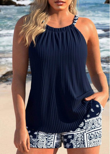 Modlily Patchwork Tribal Print Navy Tankini Set - L