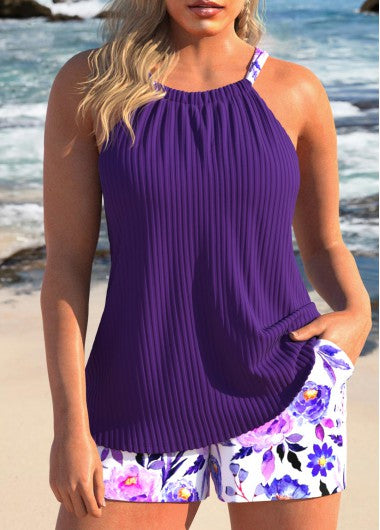 Modlily Ruched Floral Print Dark Purple Tankini Set - S