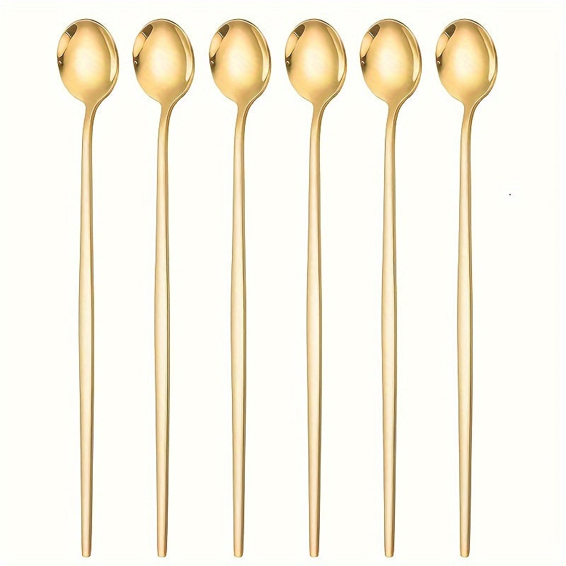 TEMU 6-piece Gold Ice Tea Spoons Coffee Spoons - Premium Stainless Steel, Portuguese Design, Mirror Polished, Perfect For Roostertails, Soda And