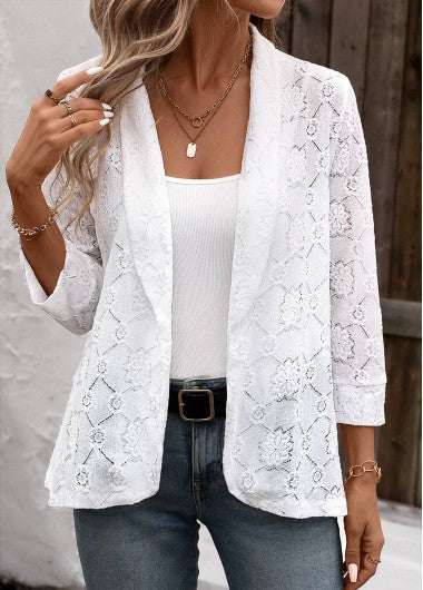 Modlily White Lace 3-4 Sleeve Light Cardigan - M