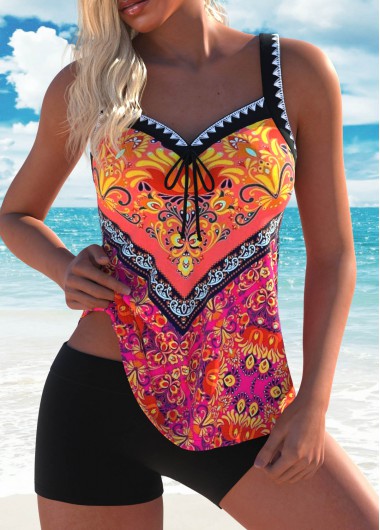 Modlily Bowknot Tribal Print Multi Color Tankini Set - XL