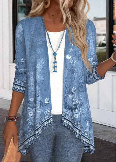 Modlily Denim Blue Patchwork Floral Print Long Sleeve Light Cardigan - XXL