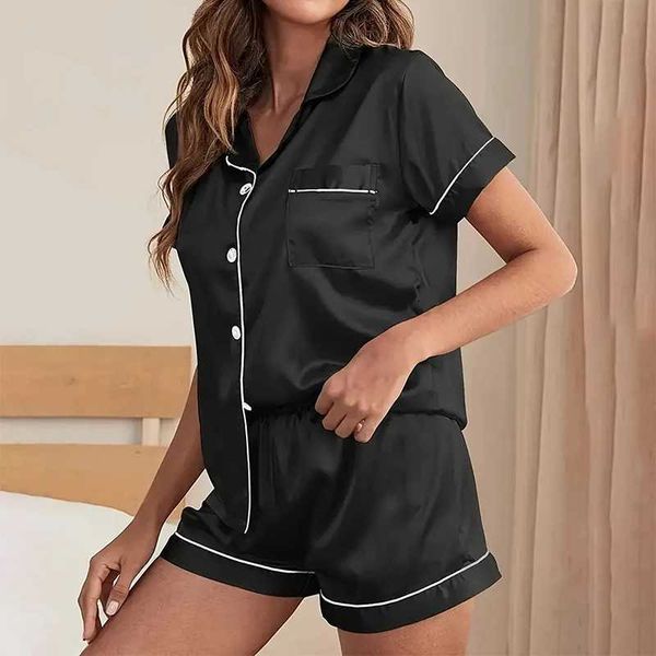 Womens 2 Piece Pajamas Set Elegant Solid Short Sleeve Blouse Tops And Shorts Pjs Suit Sleepwear Satin Home Clothing LoungewearC241213