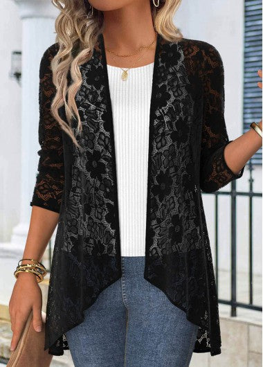 Modlily Black Lace 3-4 Sleeve Light Cardigan - L
