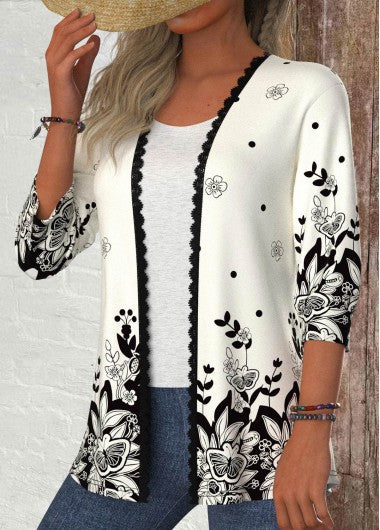 Modlily Black Patchwork Floral Print 3-4 Sleeve Light Cardigan - M