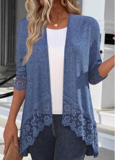 Modlily Denim Blue Patchwork 3-4 Sleeve Light Cardigan - XL