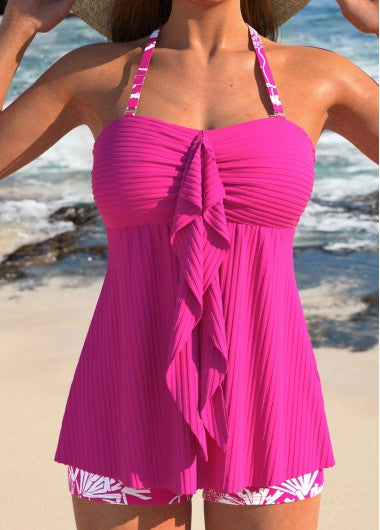 Modlily Ruffle Tropical Plants Print Hot Pink Tankini Set - XL