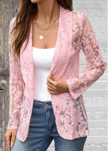Modlily Plus Size Pink Lace Long Sleeve Lapel Light Cardigan - 2X