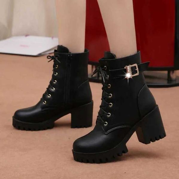 Hot Sale 2022 Women Boots Lace Up Flat Biker Wine Red Boots Shoes Buckle Woman Botas Women Boots Z241028