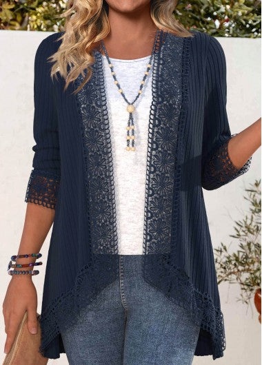 Modlily Navy Embroidery Long Sleeve Light Cardigan - L