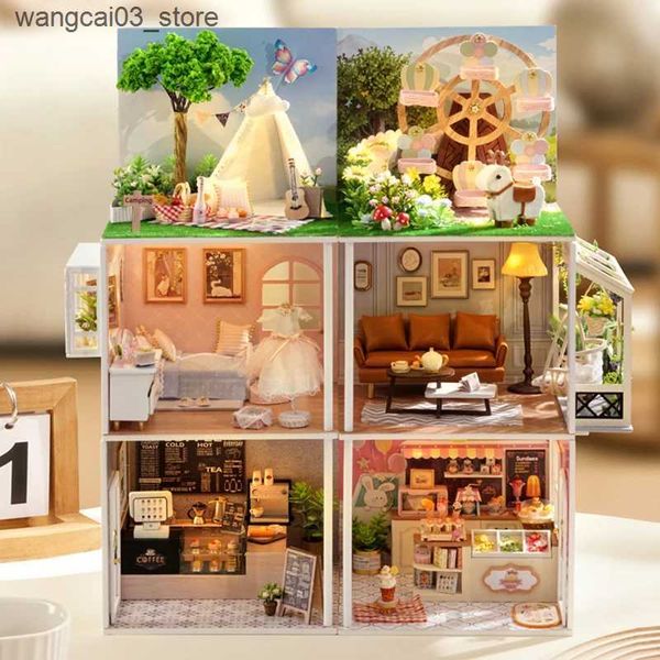 Architecture-DIY House DIY Wooden Miniature Kits Doll House With Furniture Ice Coffee Shop Casa Dollhouse Toys for Adults Girls Birthday Gif