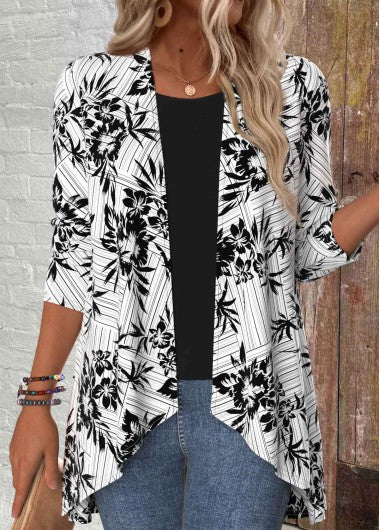 Modlily Black Floral Print 3-4 Sleeve Light Cardigan - M