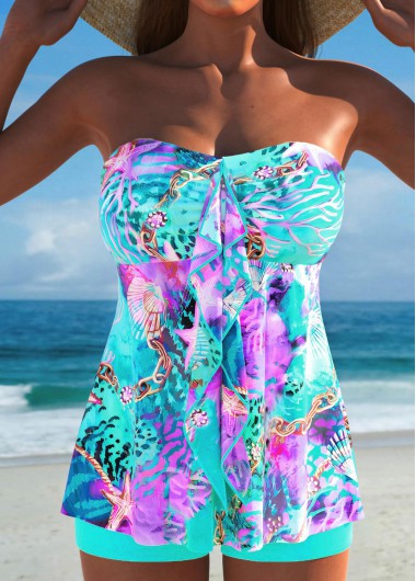 Modlily Ruffle Marine Life Print Multi Color Tankini Set - XXL