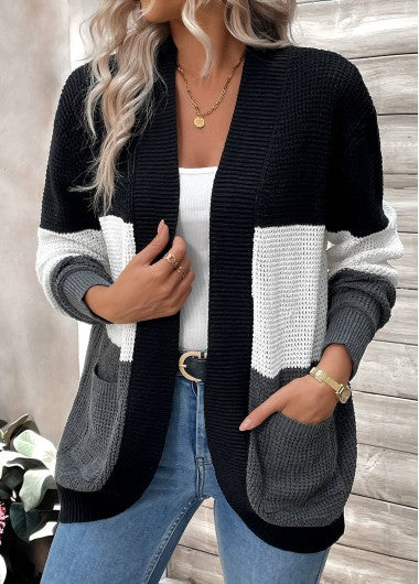 Modlily Black Pocket Patchwork Long Sleeve Cardigan - M