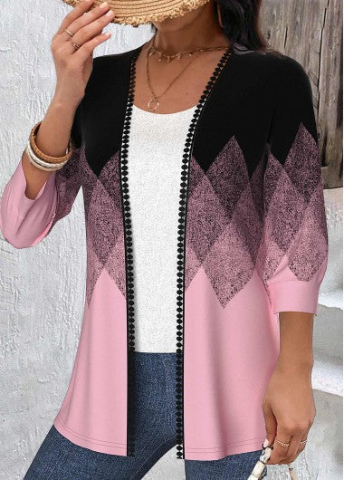 Modlily Black Embroidery Geometric Print 3-4 Sleeve Light Cardigan - M