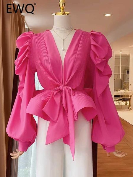 Women&#039;s Blouses Shirts EWQ fashion pleated womens shirt V-neck pleated long sleeved bandage gathered waist top 2024 casual new clothes