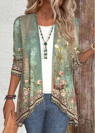 Modlily Sage Green Patchwork Floral Print Long Sleeve Light Cardigan - XXL