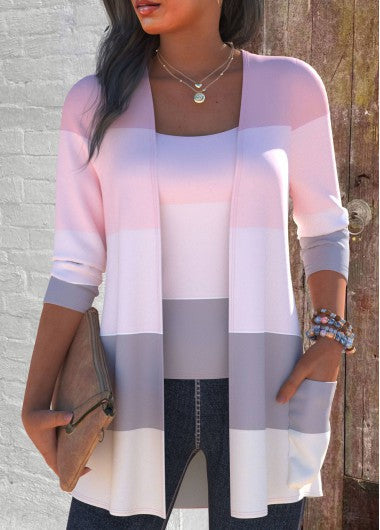 Modlily Pink Two Piece Striped Cardigan  and Tank Top - S