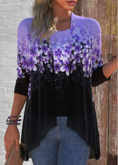 Modlily Purple Two Piece Floral Print Cardigan and Tank Top - XL