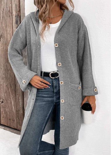 Modlily Grey Button Long Sleeve V Neck Cardigan - L