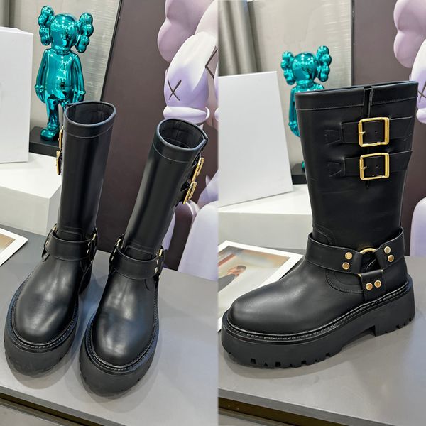BULKY MID BIKER BOOT WITH HARNESS IN CALFSKIN VEGETAL TANNING Womens designer boots 2023 Autumn Winter New Long Barrel fashion Show Style ma