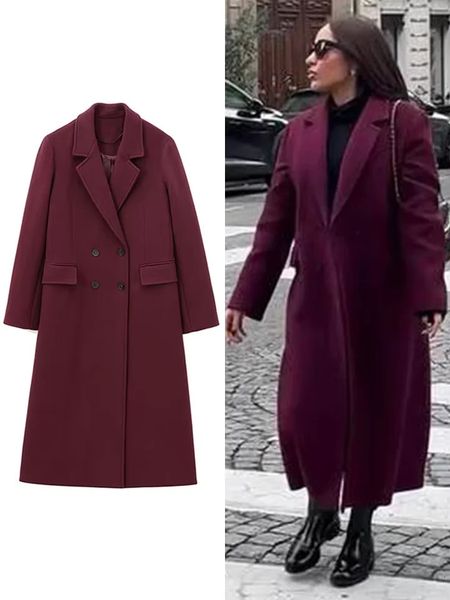 Street Womens Burgundy Woolen Overcoat With Belt Vintage Lapel Double Breasted Long Coat 2024 Autumn Winter Lady Chic Outwear 250109
