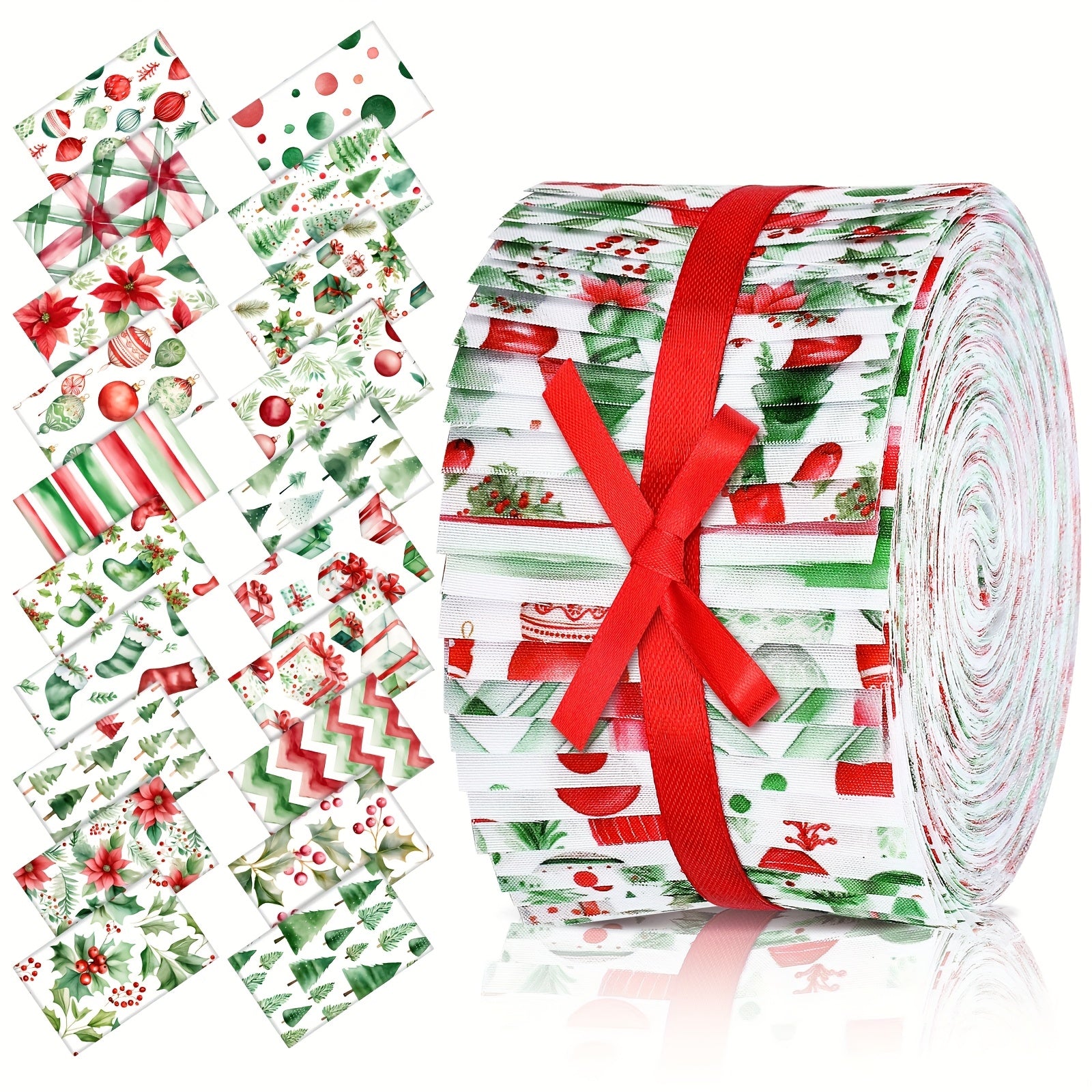 TEMU 40pcs Christmas & Mother’s Day Jelly Fabric Roll - Red & Green 2.55 Inch Precut Floral Strips With Poinsettias, Holly, Candy Canes - Festive Diy