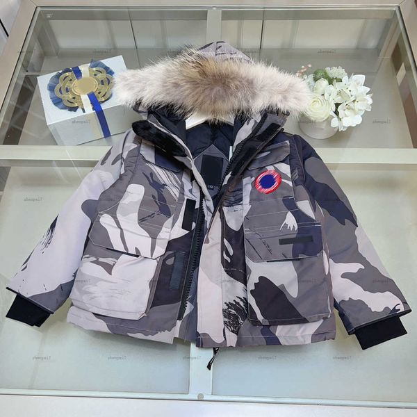 Top Winter baby Jacket down Camo pattern printing kids coat Size 110-150 Windproof design plush collar child overcoat