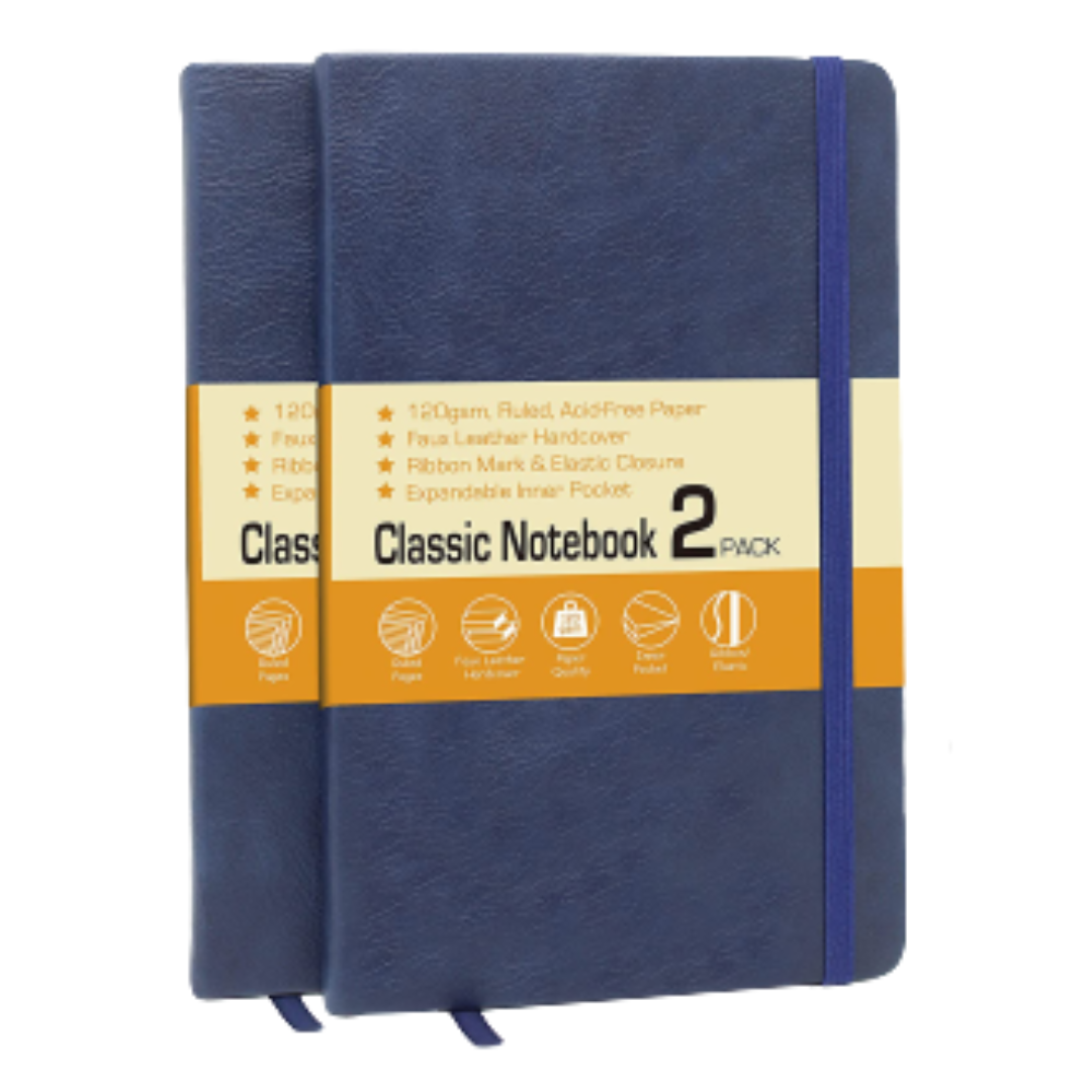 Classic Notebook with 120GSM Paper & Faux Leather Hardcover (2-Pack) - Classic-Notebook-2Pk-Blu
